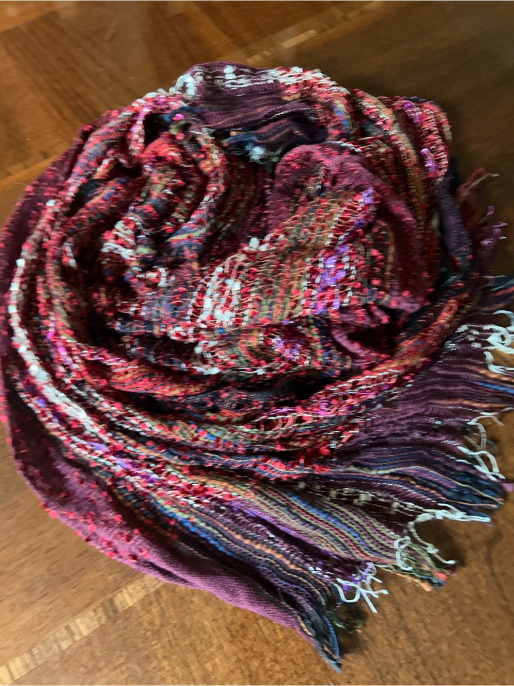krazy kat Multicolor Woven Fringe Scarf in Burgundy, Pink, Purple 17“ x 78“ new